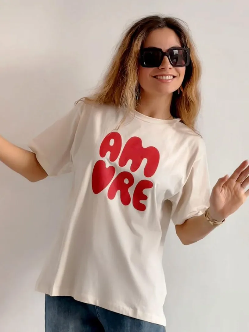Camisetas De Mujer|Blusas Y Camisas De Mujer-Mariquita Trasquilá CAMISETA MANGA CORTA AMORE BLANCA Blanco