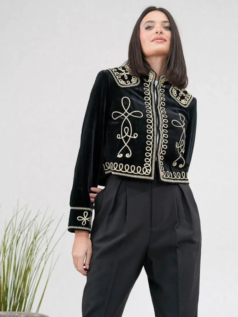 Abrigos Y Chaquetas|Chaquetas De Mujer-Mariquita Trasquilá CHAQUETA CORTA BORDADA Negroydorado