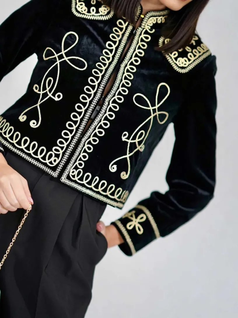 Abrigos Y Chaquetas|Chaquetas De Mujer-Mariquita Trasquilá CHAQUETA CORTA BORDADA Negroydorado