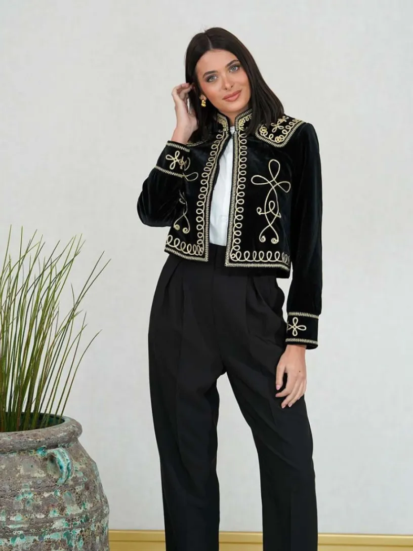 Abrigos Y Chaquetas|Chaquetas De Mujer-Mariquita Trasquilá CHAQUETA CORTA BORDADA Negroydorado