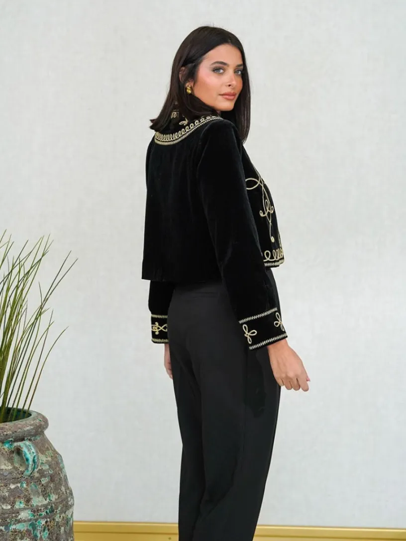 Abrigos Y Chaquetas|Chaquetas De Mujer-Mariquita Trasquilá CHAQUETA CORTA BORDADA Negroydorado