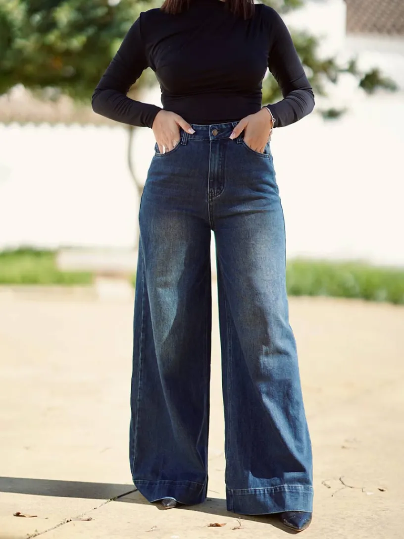 Pantalones De Mujer-Mariquita Trasquilá JEANS WIDE LEG TIRO ALTO Denim