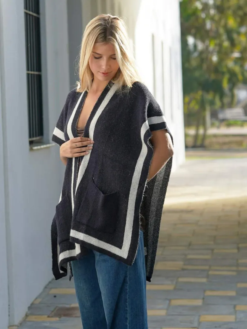 Jerséis Y Sudaderas De Mujer|Abrigos Y Chaquetas-Mariquita Trasquilá PONCHO RAYA CONTRASTE