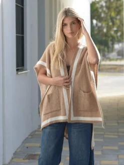 Jerséis Y Sudaderas De Mujer|Abrigos Y Chaquetas-Mariquita Trasquilá PONCHO RAYA CONTRASTE