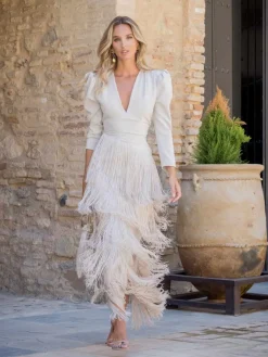 Vestidos De Dama De Honor|Vestidos Largos De Fiesta-Mariquita Trasquilá VESTIDO FLECOS ALBORADA