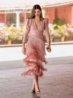 Vestidos Para Madres De Comunión|Vestido De Puesta De Largo-Mariquita Trasquilá VESTIDO FLECOS PALMITO RosaNude