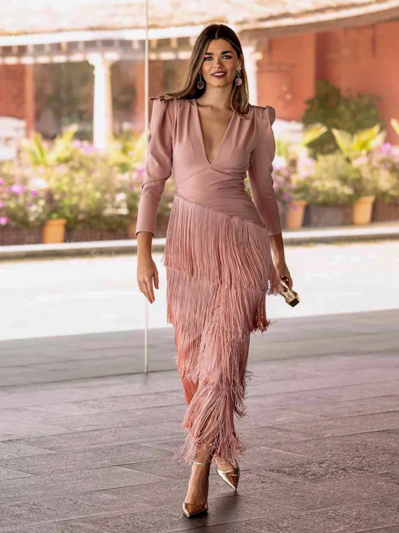 Vestidos Para Madres De Comunión|Vestido De Puesta De Largo-Mariquita Trasquilá VESTIDO FLECOS PALMITO RosaNude
