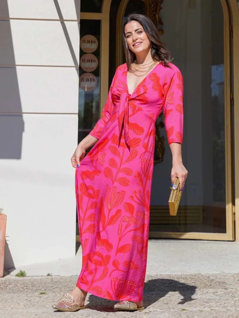 Vestidos De Mujer|Vestidos Cortos De Fiesta-Mariquita Trasquilá VESTIDO MIDI ESCOTE PICO FLORAL HORTENCIA RosaGeranio