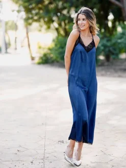 Vestidos De Mujer|Vestidos Cortos De Fiesta-Mariquita Trasquilá VESTIDO MIDI LENCERO SATINADO AzulMarino